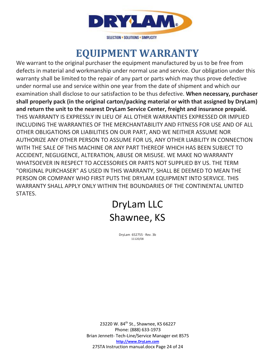 Equipment warranty, Drylam llc shawnee, ks | Drylam 27STA Roller Laminator User Manual | Page 24 / 24