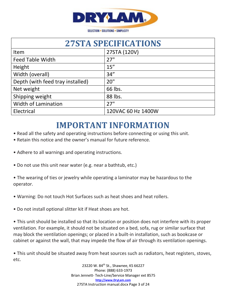 27sta specifications, Important information | Drylam 27STA Roller Laminator User Manual | Page 3 / 24