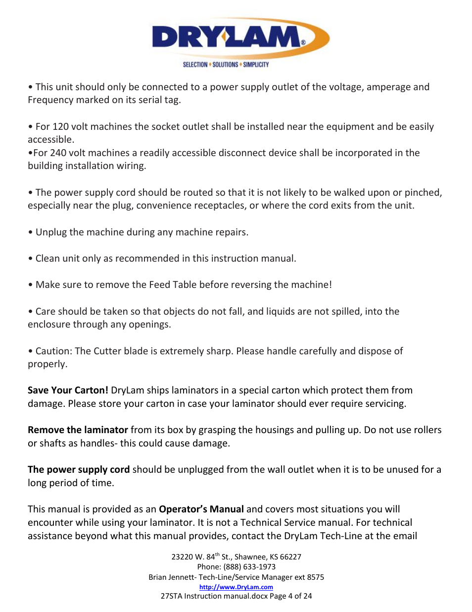 Drylam 27STA Roller Laminator User Manual | Page 4 / 24