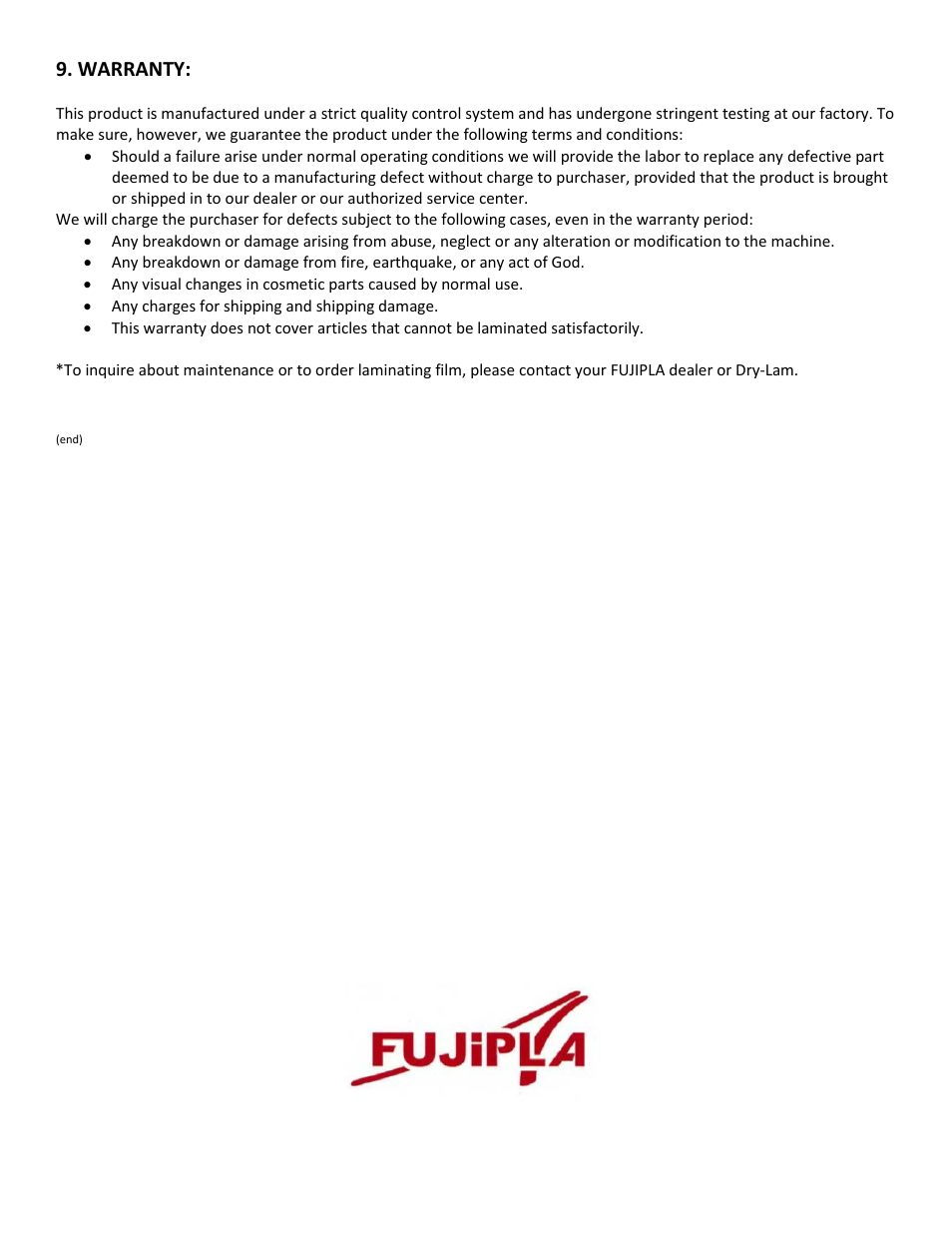 Warranty | Drylam Fujipla LPE3510 Roller Laminator User Manual | Page 11 / 11