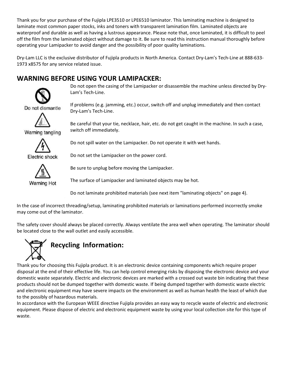 Warning before using your lamipacker, Recycling information | Drylam Fujipla LPE3510 Roller Laminator User Manual | Page 3 / 11