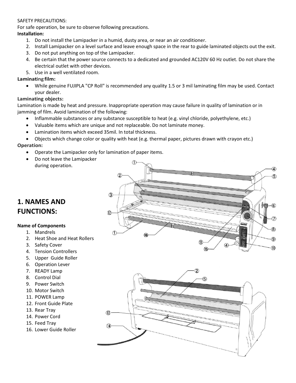 Names and functions | Drylam Fujipla LPE3510 Roller Laminator User Manual | Page 4 / 11