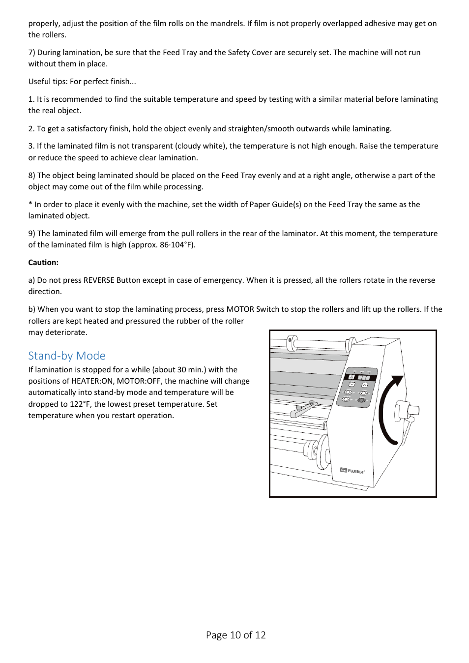 Stand-by mode, Page 10 of 12 | Drylam Fujipla LPP6512 Roller Laminator User Manual | Page 10 / 12