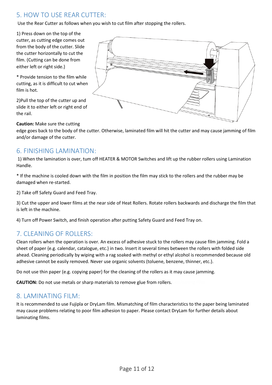 How to use rear cutter, Finishing lamination, Cleaning of rollers | Laminating film, Page 11 of 12 | Drylam Fujipla LPP6512 Roller Laminator User Manual | Page 11 / 12