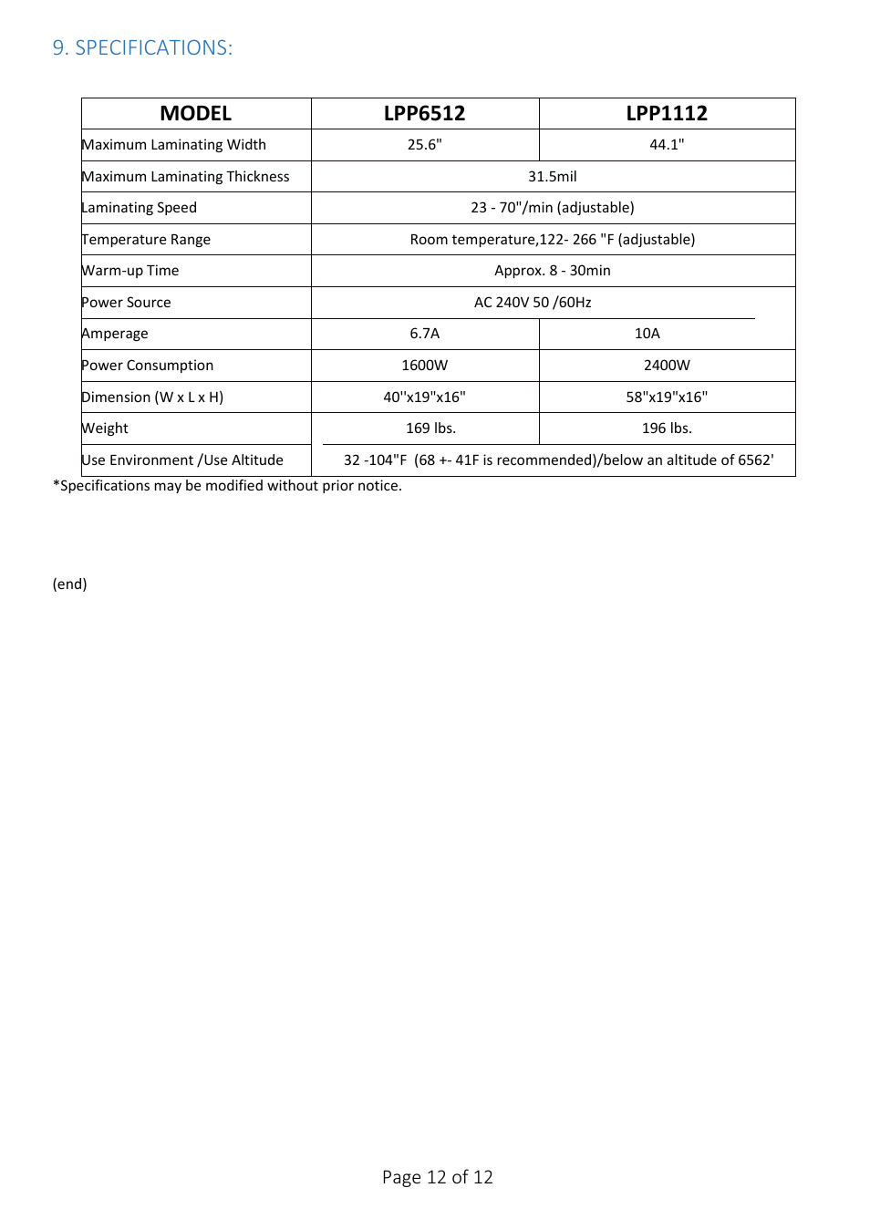 Specifications, Page 12 of 12 | Drylam Fujipla LPP6512 Roller Laminator User Manual | Page 12 / 12