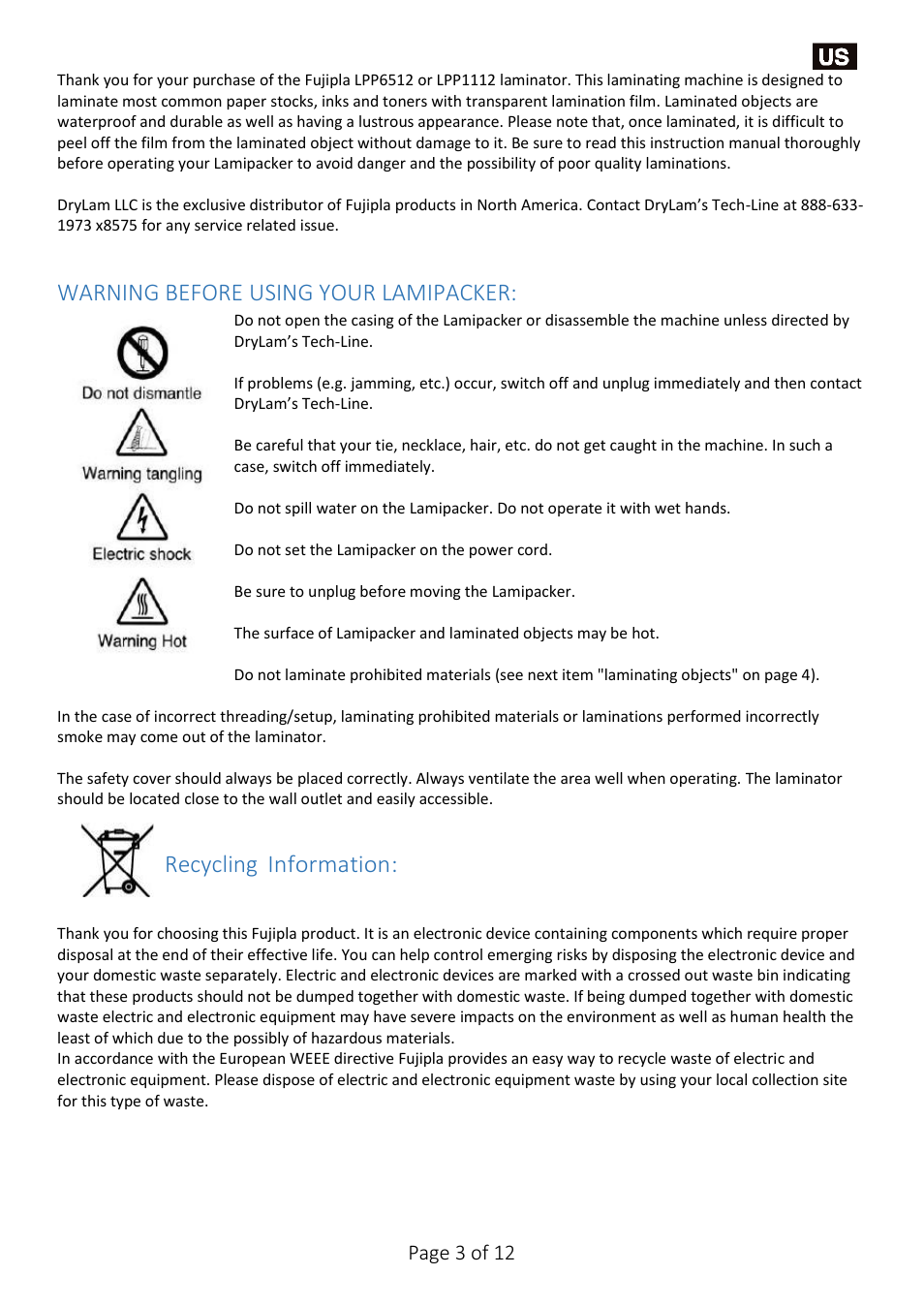 Warning before using your lamipacker, Recycling information, Page 3 of 12 | Drylam Fujipla LPP6512 Roller Laminator User Manual | Page 3 / 12