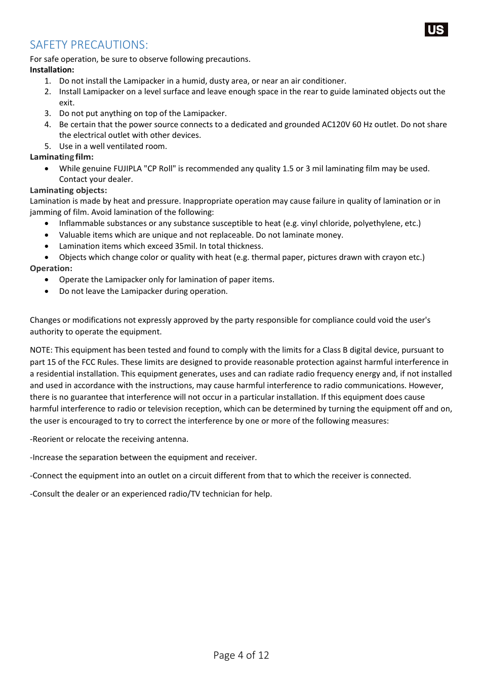 Safety precautions, Page 4 of 12 | Drylam Fujipla LPP6512 Roller Laminator User Manual | Page 4 / 12