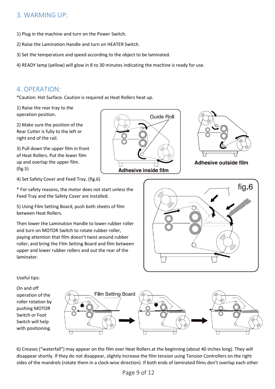 Warming up, Operation, Page 9 of 12 | Drylam Fujipla LPP6512 Roller Laminator User Manual | Page 9 / 12
