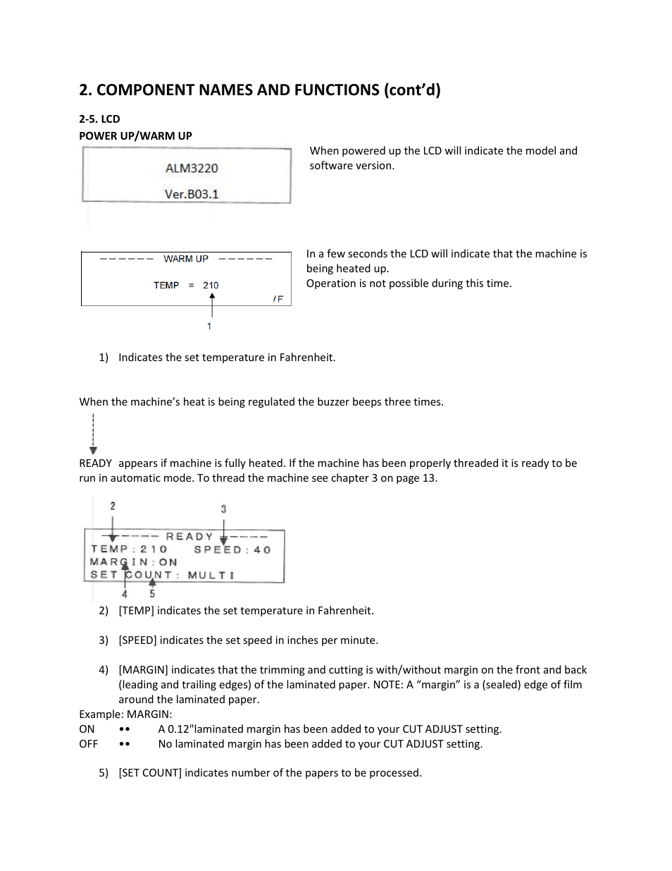 5. lcd, Component names and functions (cont’d) | Drylam Fujipla ALM3220 User Manual | Page 12 / 48