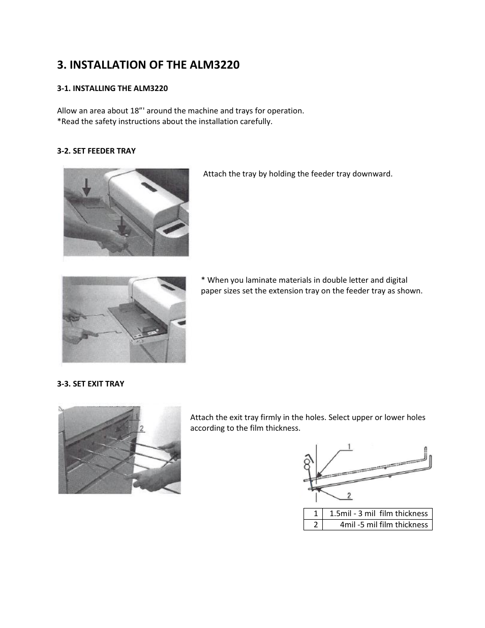 Installation of the alm3220, 1. installing the alm3220, 2. set feeder tray | 3. set exit tray | Drylam Fujipla ALM3220 User Manual | Page 15 / 48