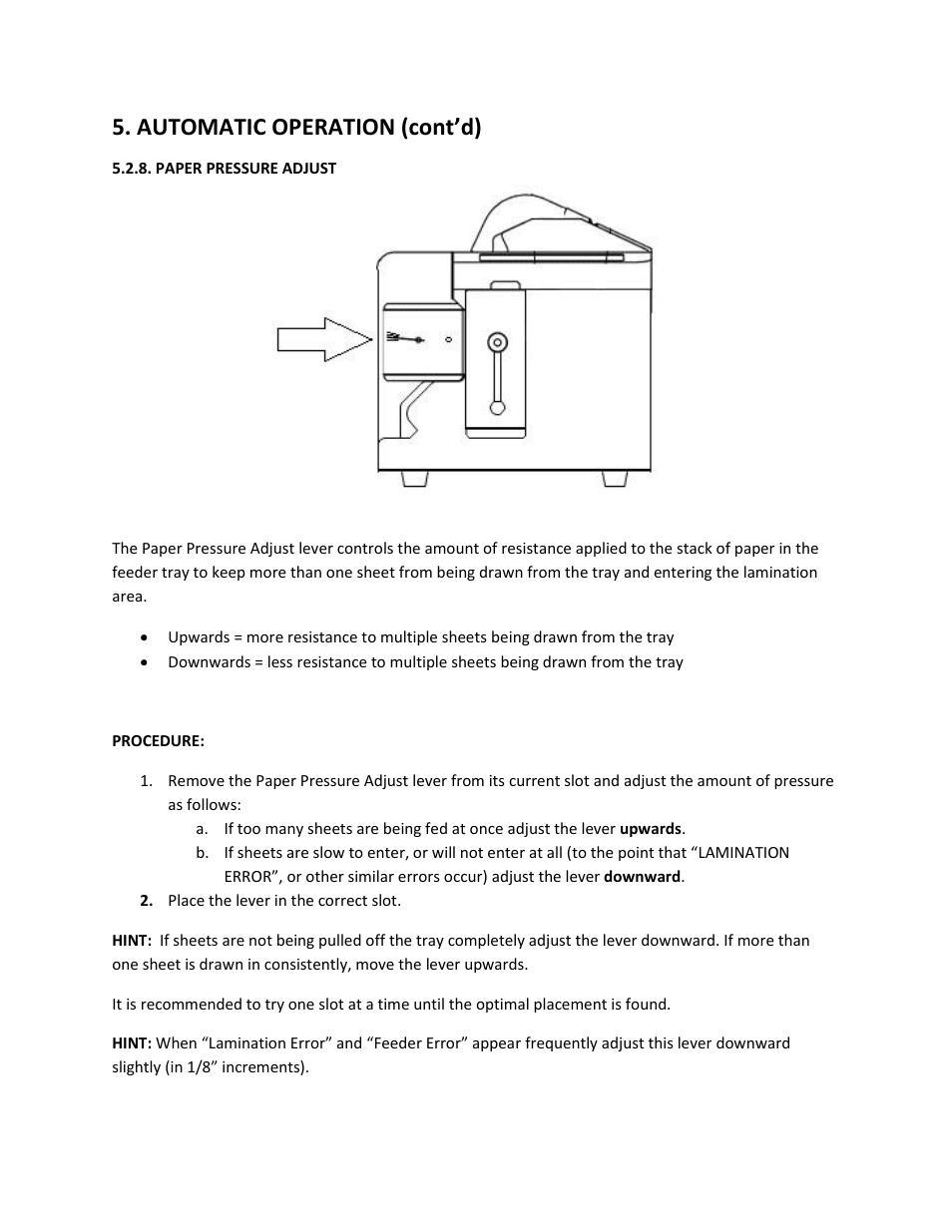 Paper pressure adjust, Automatic operation (cont’d) | Drylam Fujipla ALM3220 User Manual | Page 34 / 48