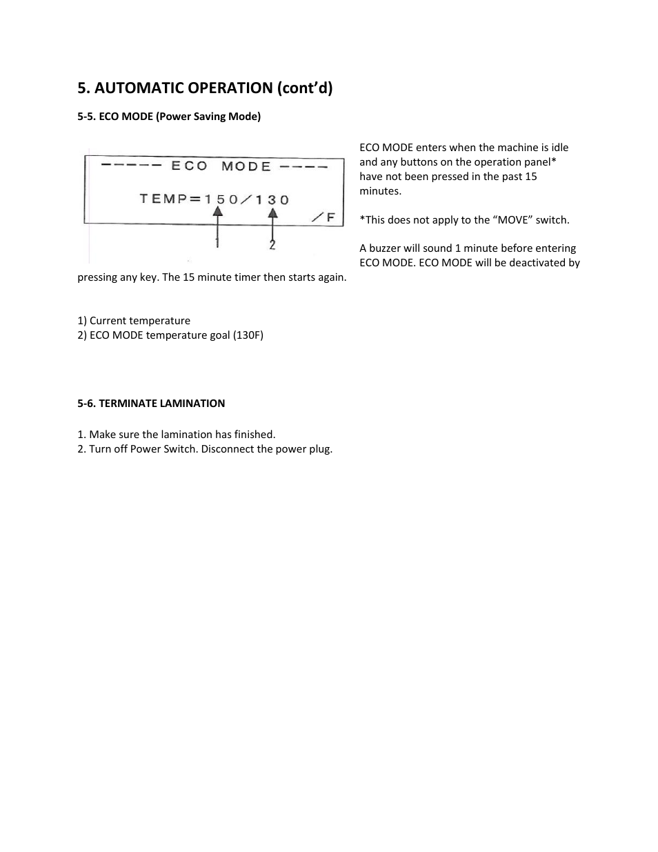 5. eco mode (power saving mode), 6. terminate lamination, Automatic operation (cont’d) | Drylam Fujipla ALM3220 User Manual | Page 38 / 48