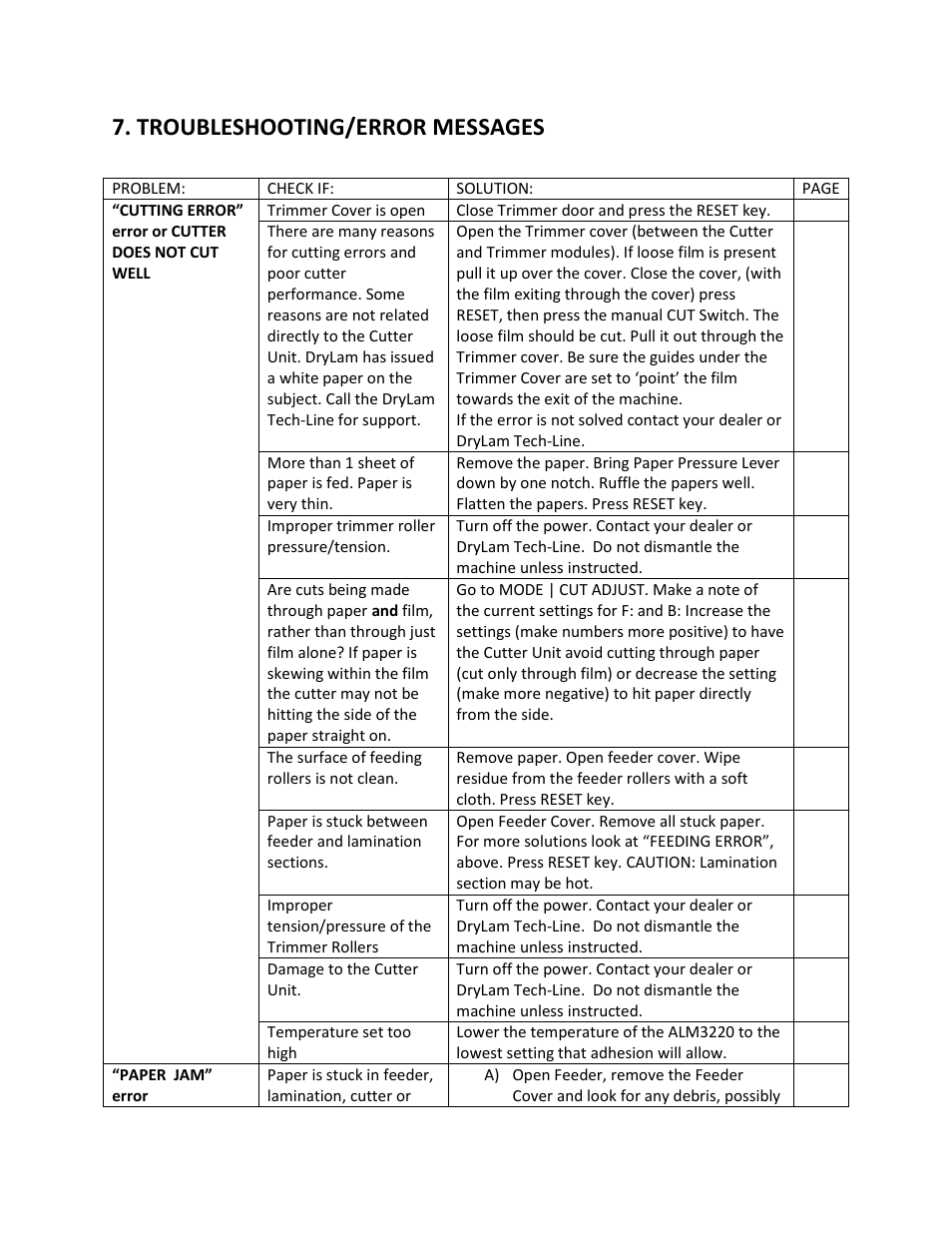 Troubleshooting/error messages | Drylam Fujipla ALM3220 User Manual | Page 40 / 48