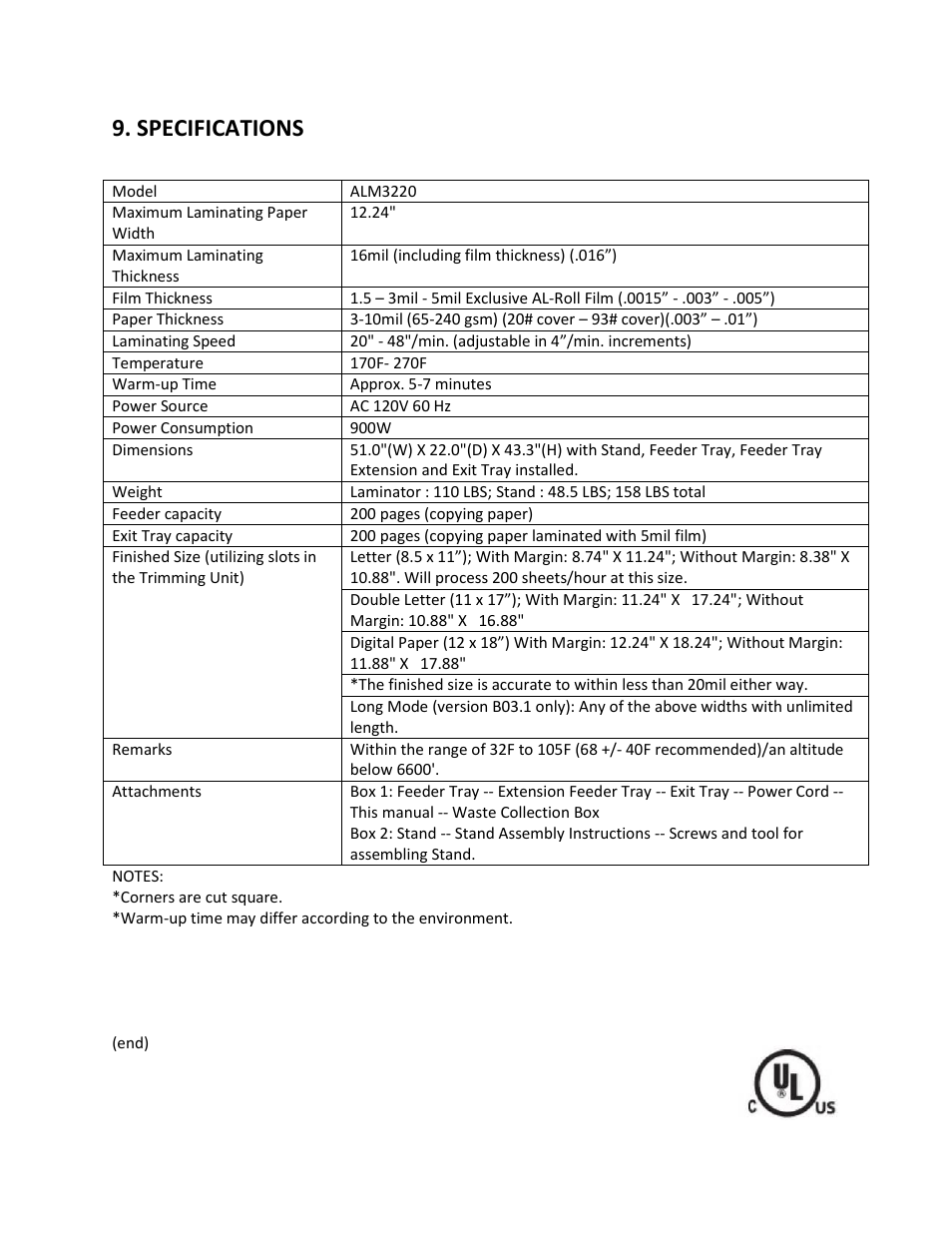 Specifications | Drylam Fujipla ALM3220 User Manual | Page 48 / 48