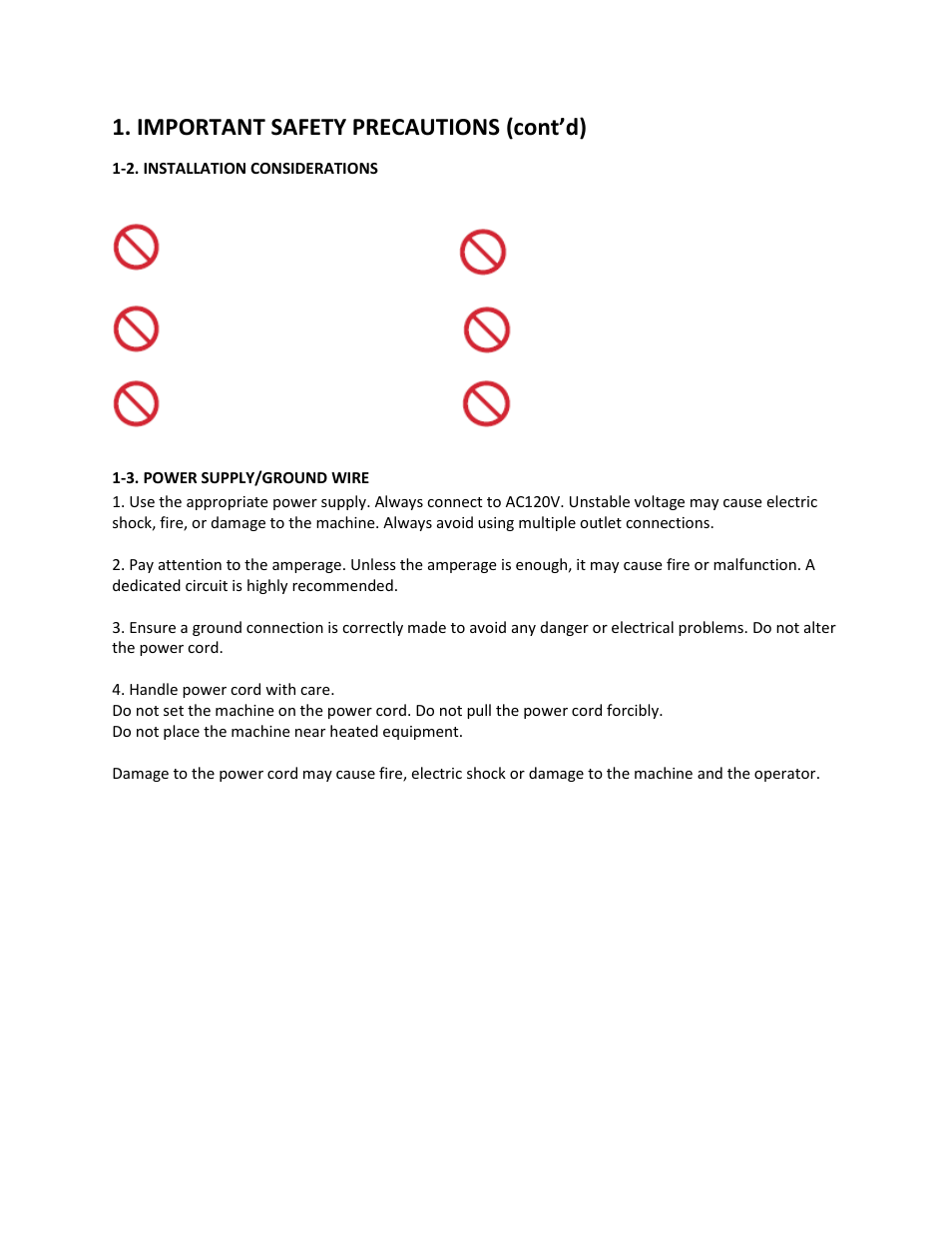 2. installation considerations, 3. power supply/ground wire, Important safety precautions (cont’d) | Drylam Fujipla ALM3220 User Manual | Page 5 / 48