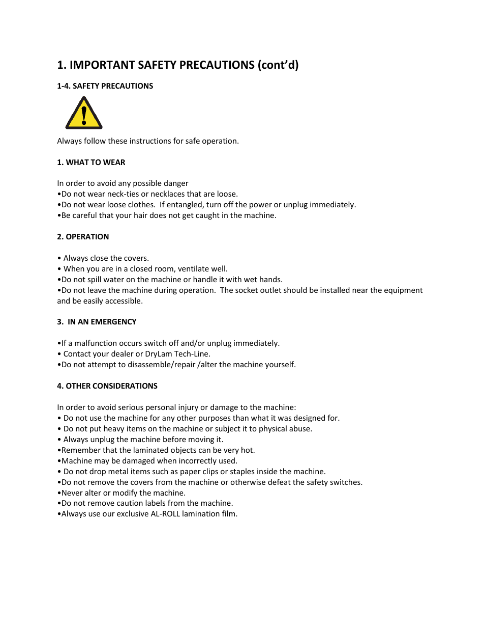 4. safety precautions, Important safety precautions (cont’d) | Drylam Fujipla ALM3220 User Manual | Page 6 / 48