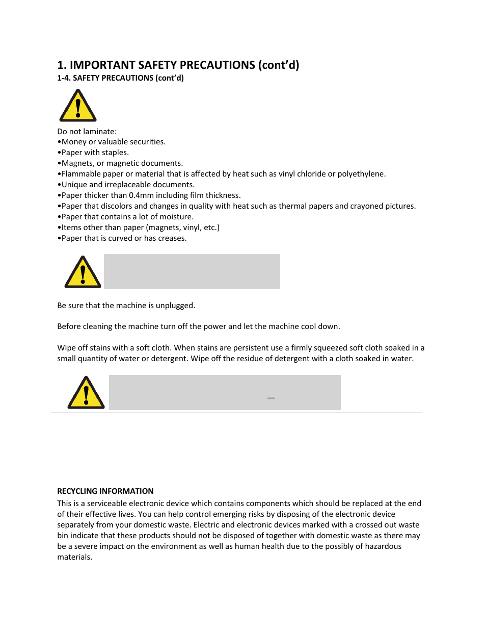 Recycling information, Cleaning of exterior, Useful information – film end | Important safety precautions (cont’d) | Drylam Fujipla ALM3220 User Manual | Page 7 / 48