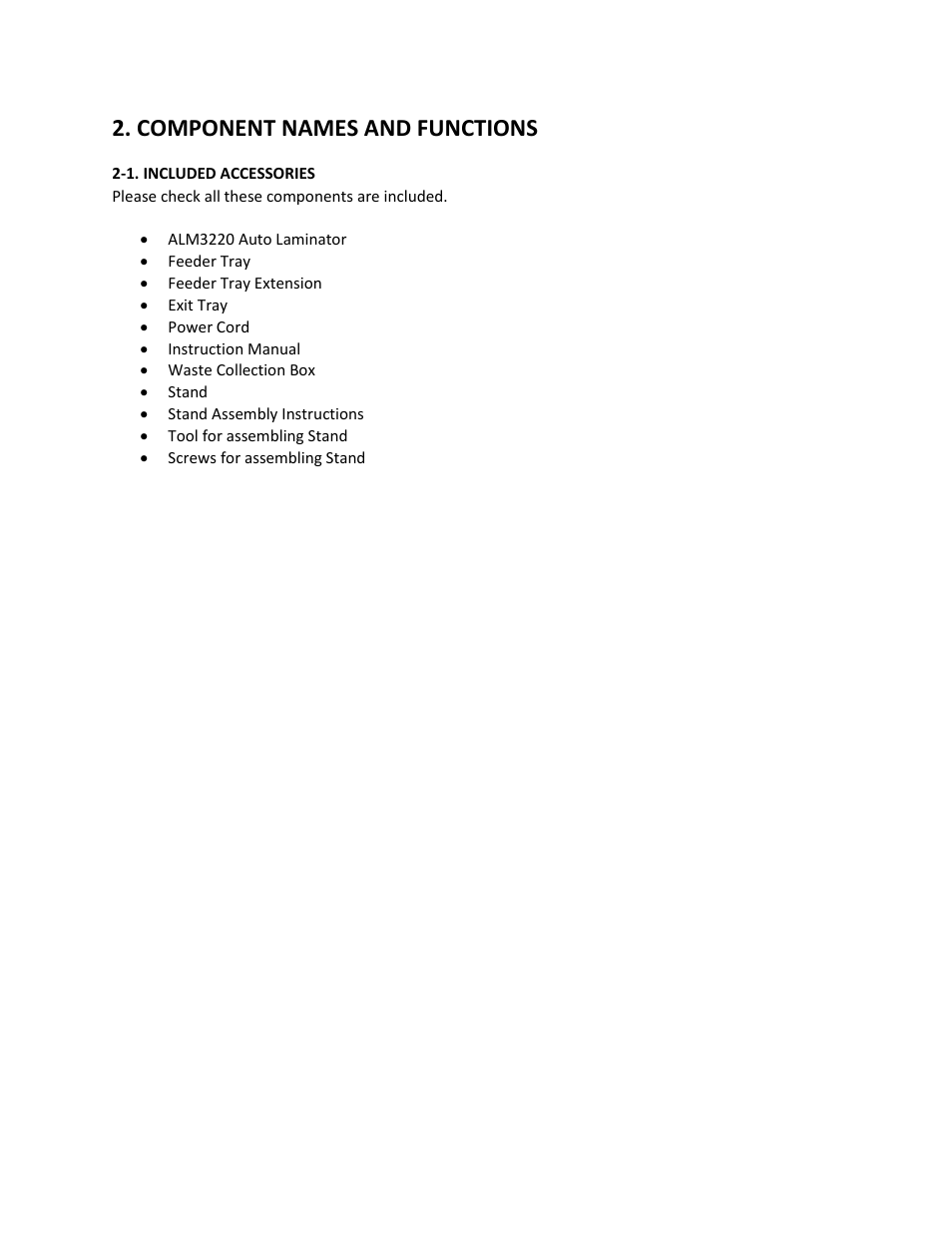 Component names and functions, 1. included accessories | Drylam Fujipla ALM3220 User Manual | Page 8 / 48