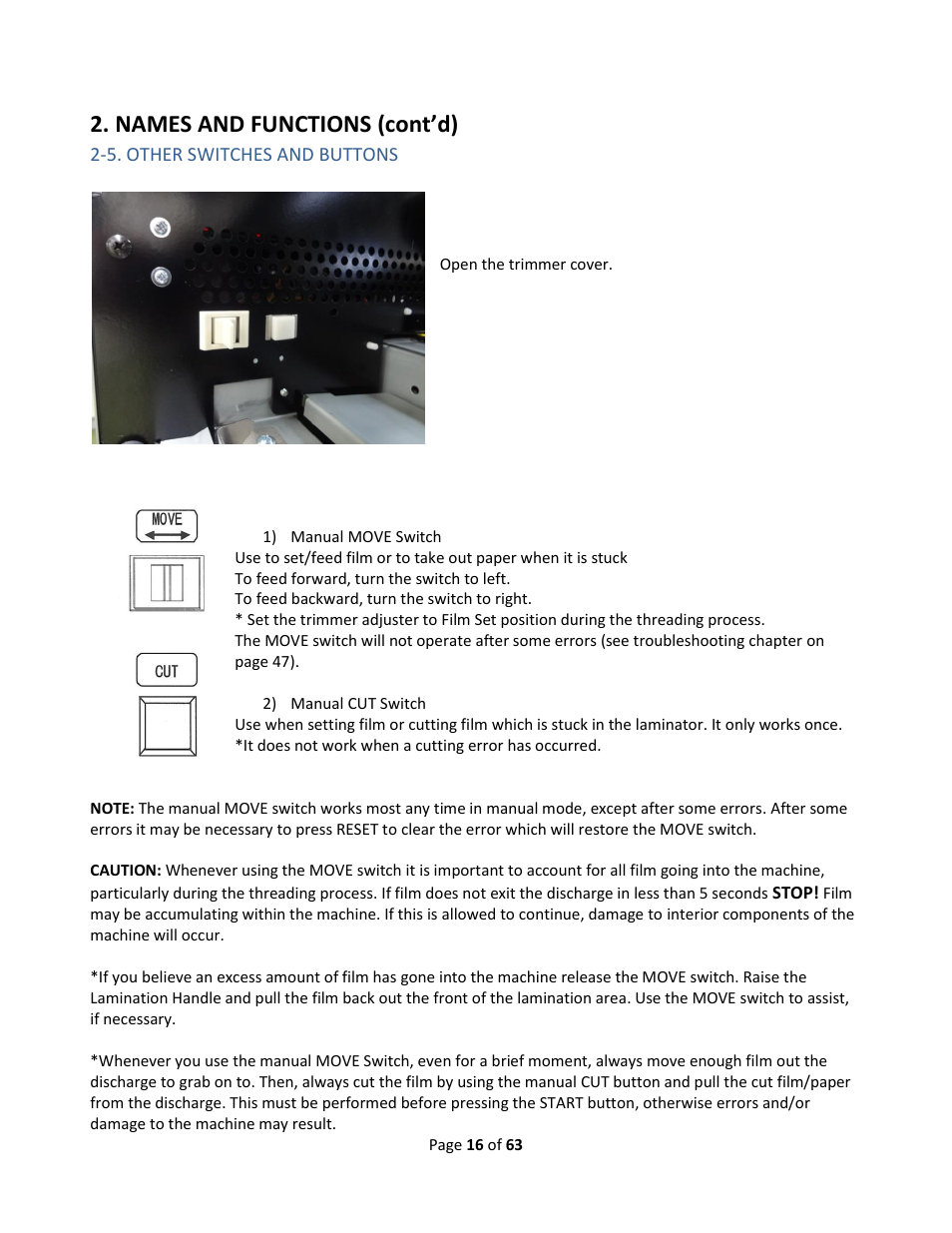 5. other switches and buttons, Names and functions (cont’d) | Drylam Fujipla ALM3222 User Manual | Page 16 / 63