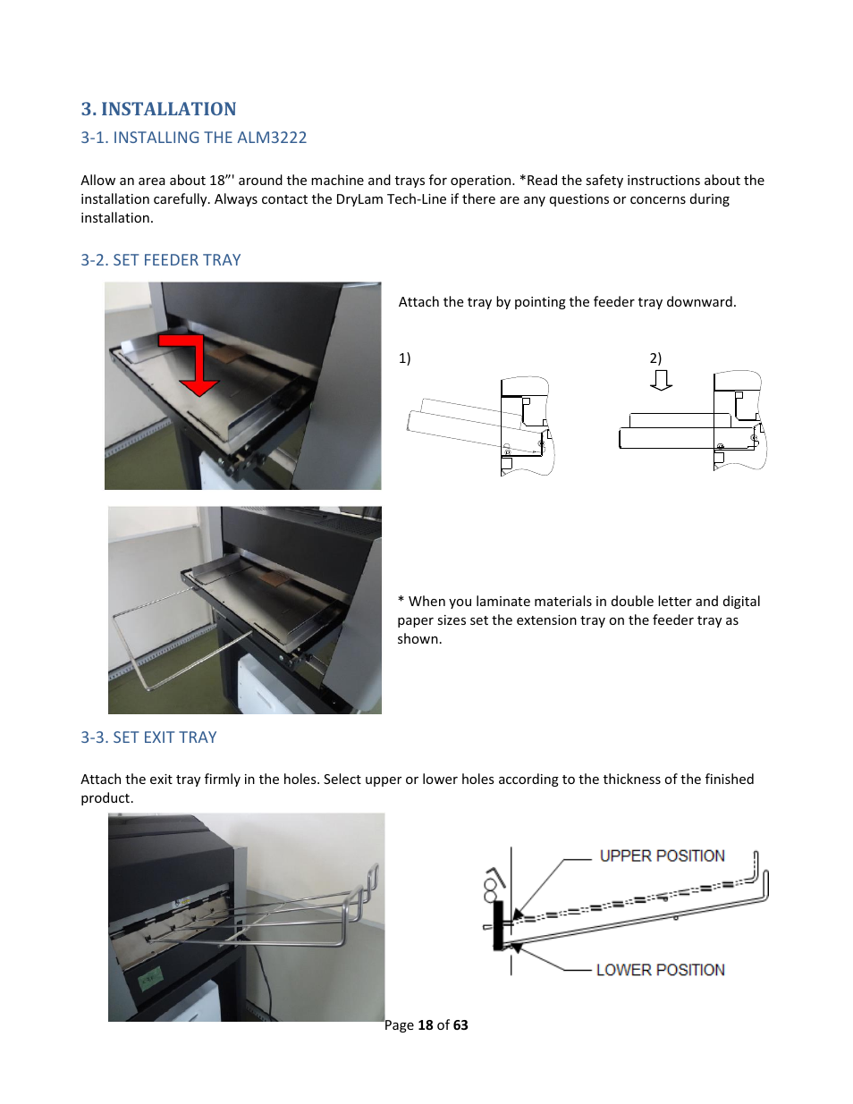 Installation, 1. installing the alm3222, 2. set feeder tray | 3. set exit tray | Drylam Fujipla ALM3222 User Manual | Page 18 / 63