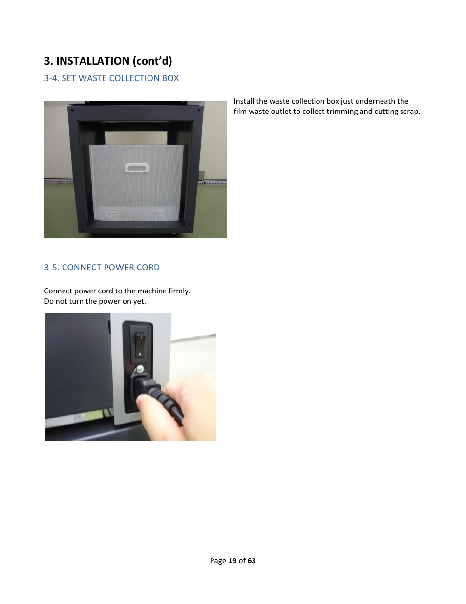 4. set waste collection box, 5. connect power cord, Installation (cont’d) | Drylam Fujipla ALM3222 User Manual | Page 19 / 63