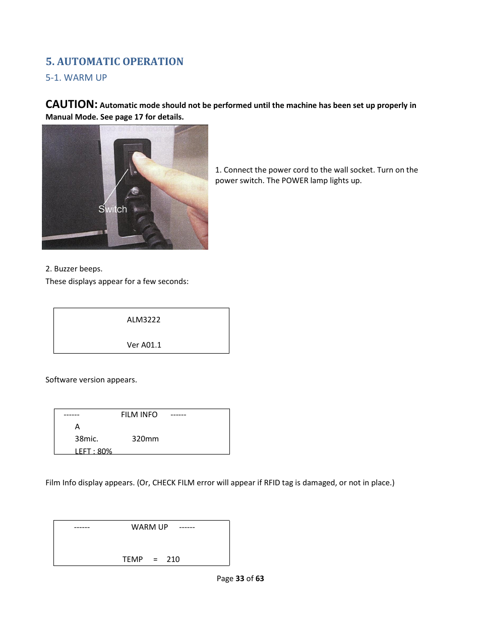Automatic operation, 1. warm up, Caution | Drylam Fujipla ALM3222 User Manual | Page 33 / 63