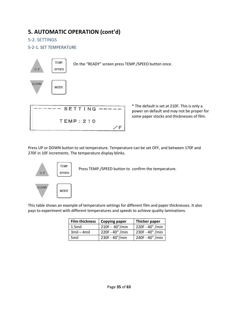 2. settings, 2-1. set temperature, Automatic operation (cont’d) | Drylam Fujipla ALM3222 User Manual | Page 35 / 63