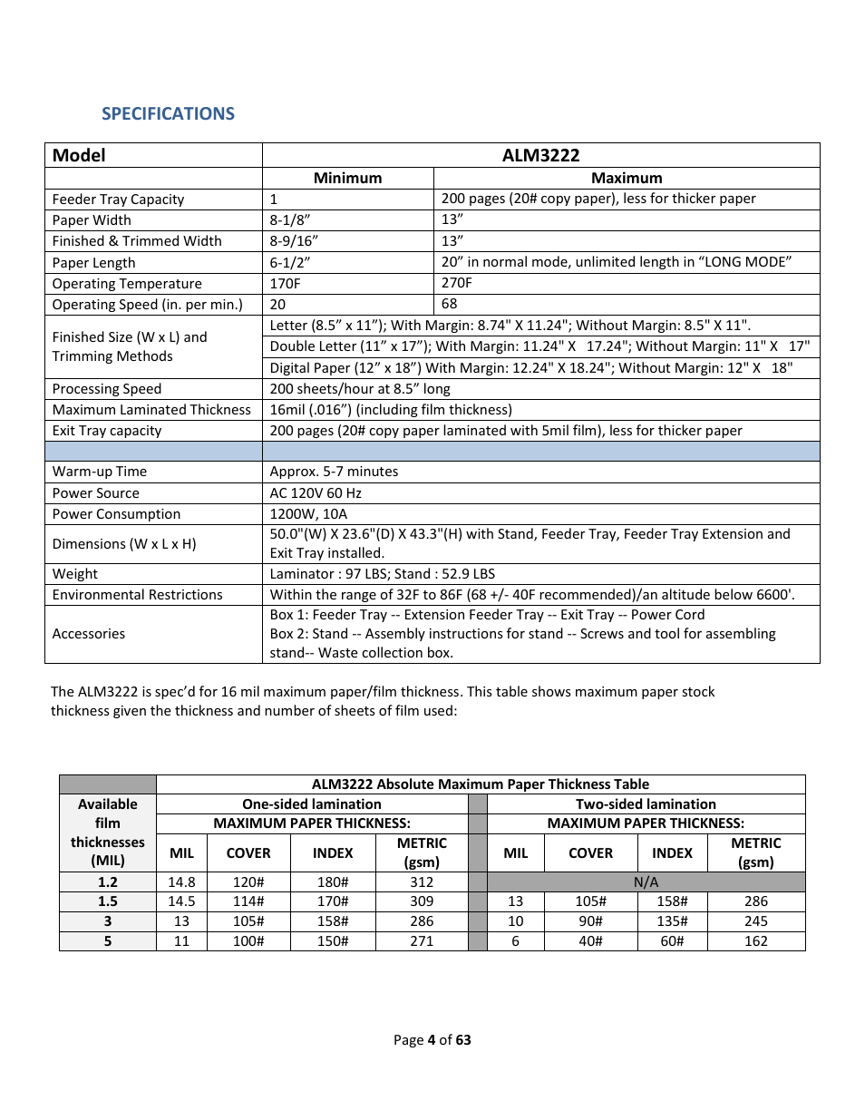 Specifications, Model alm3222 | Drylam Fujipla ALM3222 User Manual | Page 4 / 63