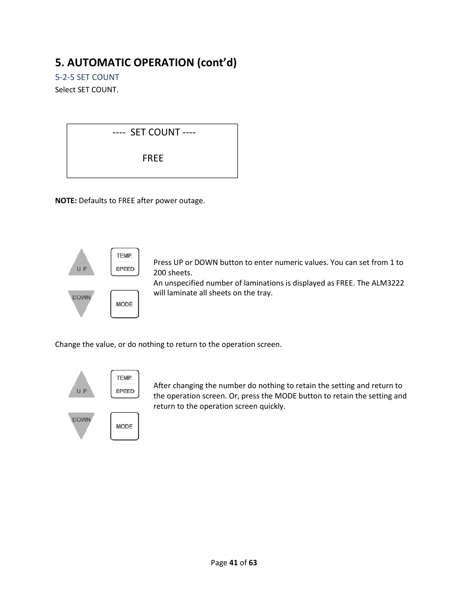 2-5 set count, Section 5-2-5, Automatic operation (cont’d) | Drylam Fujipla ALM3222 User Manual | Page 41 / 63