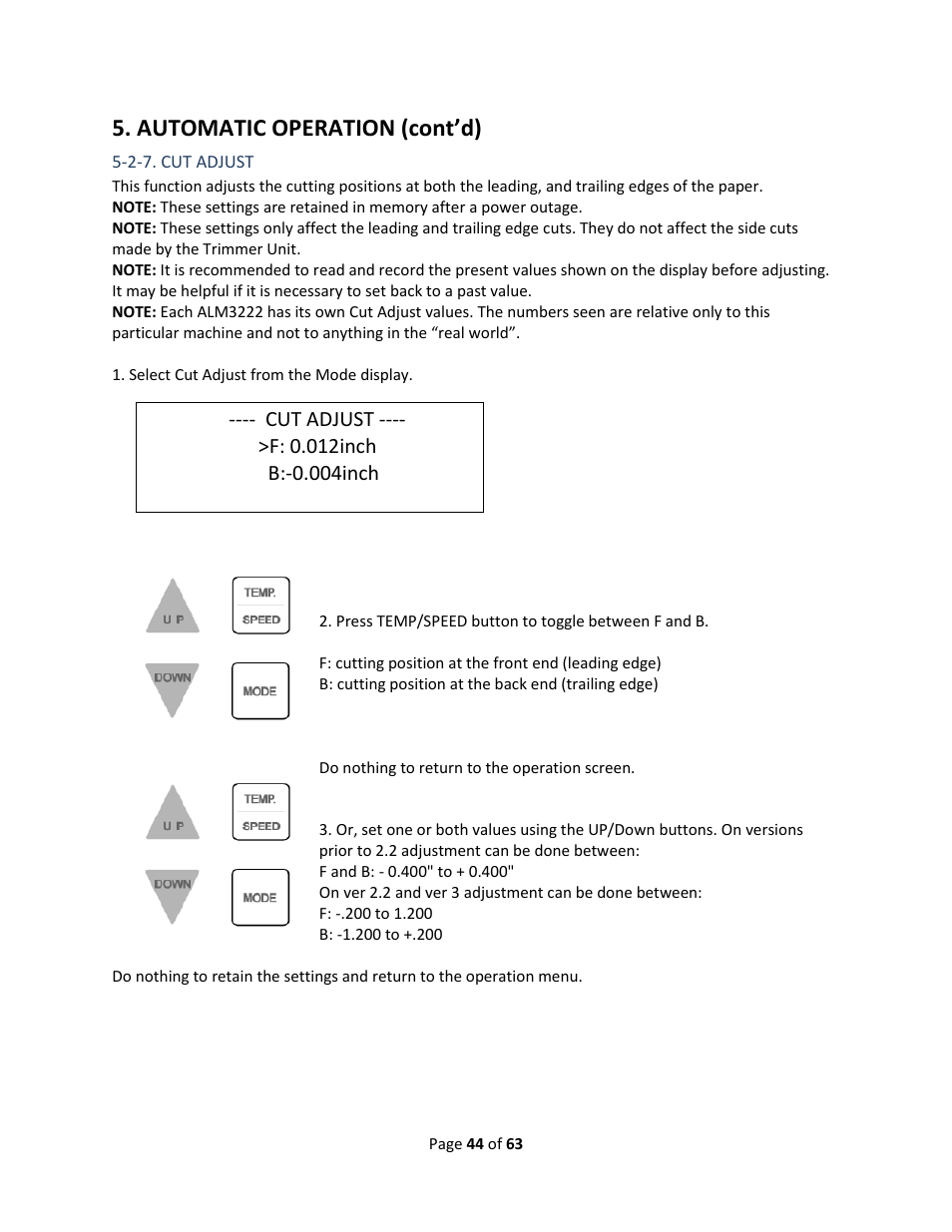 2-7. cut adjust, Section 5-2-7, Automatic operation (cont’d) | Drylam Fujipla ALM3222 User Manual | Page 44 / 63