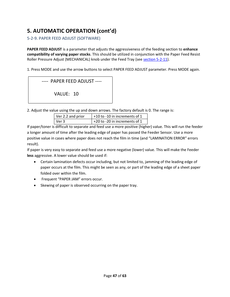 2-9. paper feed adjust (software), Section 5-2-9, Automatic operation (cont’d) | Drylam Fujipla ALM3222 User Manual | Page 47 / 63