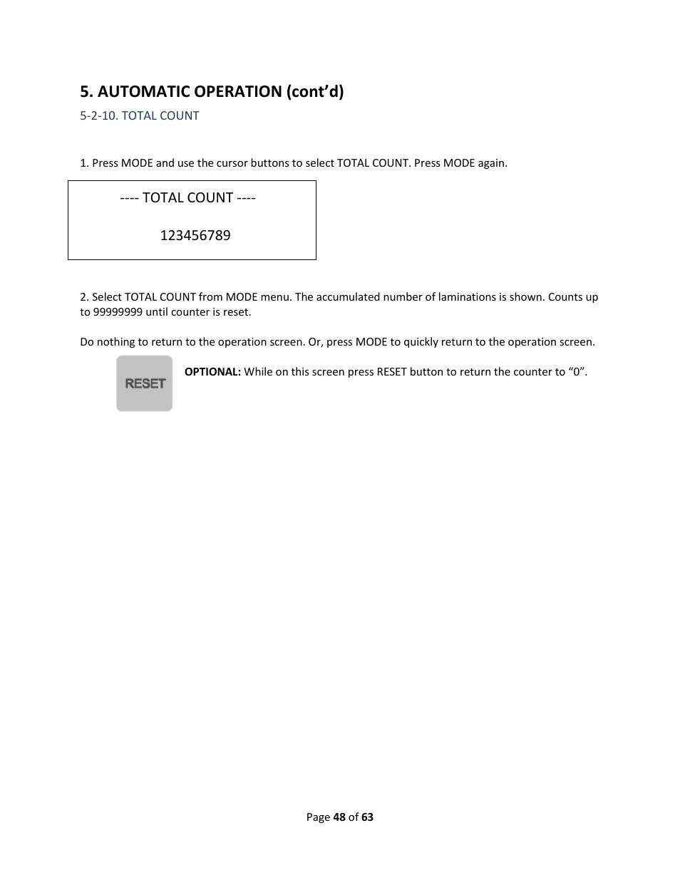 2-10. total count, Section 5-2-10, Automatic operation (cont’d) | Drylam Fujipla ALM3222 User Manual | Page 48 / 63