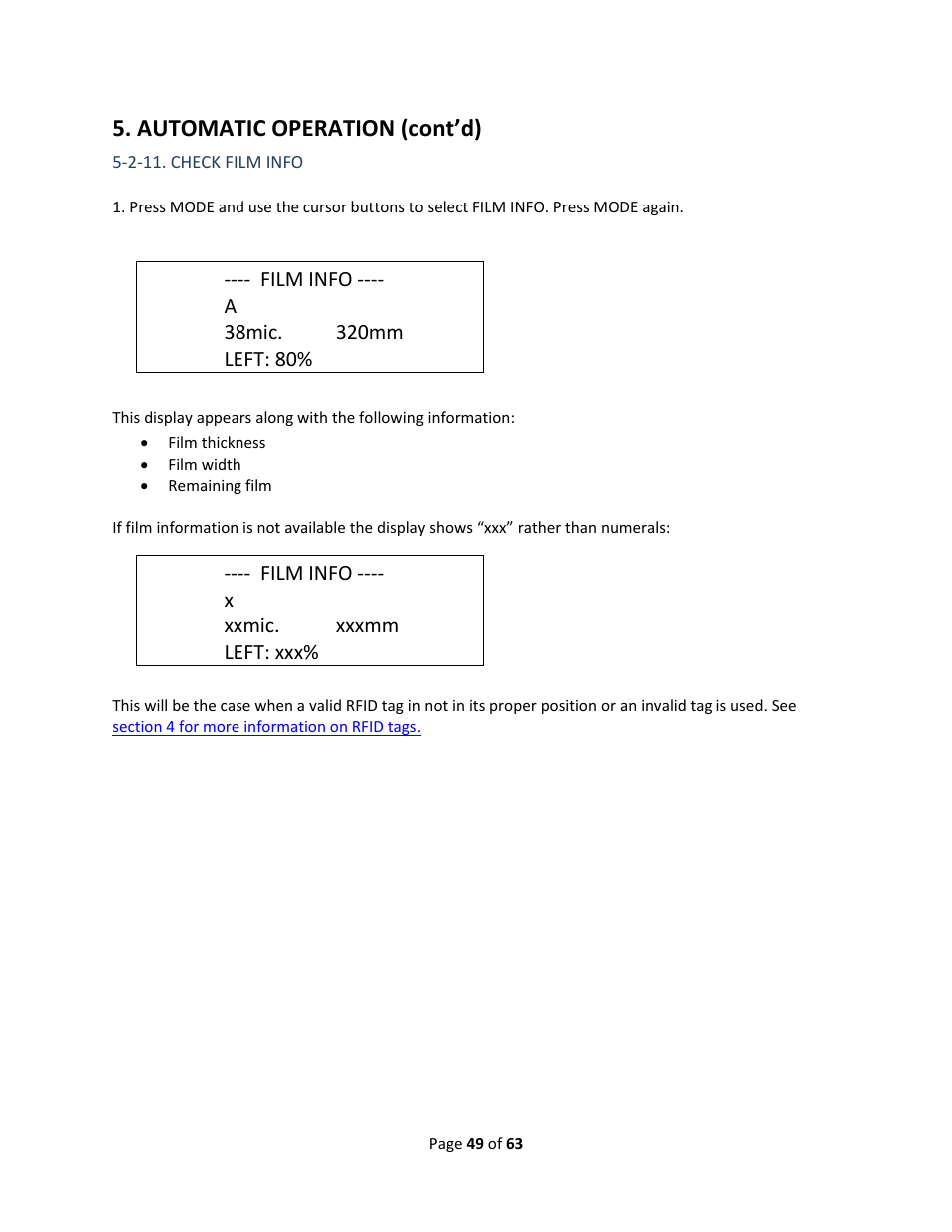 2-11. check film info, Section 5-2-11, Automatic operation (cont’d) | Drylam Fujipla ALM3222 User Manual | Page 49 / 63