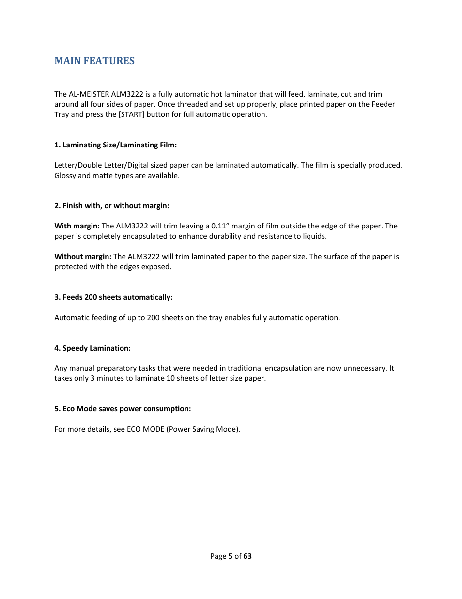 Main features | Drylam Fujipla ALM3222 User Manual | Page 5 / 63