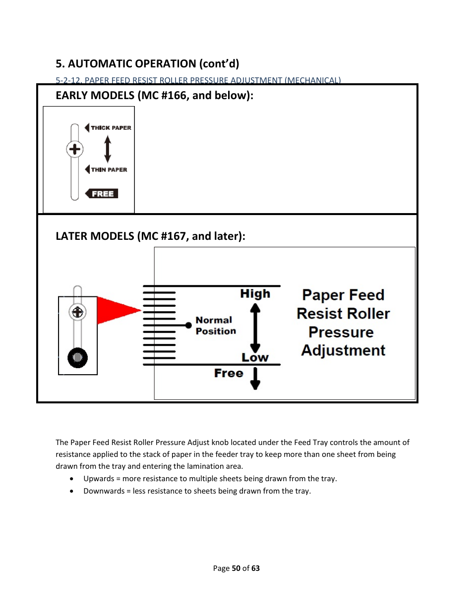 Section 5-2-12, Automatic operation (cont’d), Early models (mc #166, and below) | Later models (mc #167, and later) | Drylam Fujipla ALM3222 User Manual | Page 50 / 63