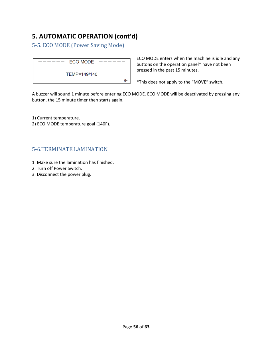 5. eco mode (power saving mode), 6.terminate lamination, Automatic operation (cont’d) | Drylam Fujipla ALM3222 User Manual | Page 56 / 63