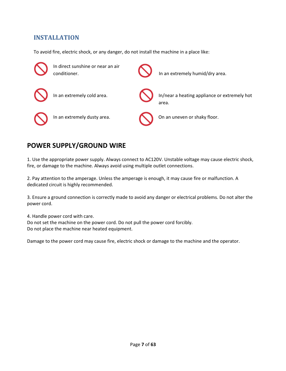 Installation, Power supply/ground wire | Drylam Fujipla ALM3222 User Manual | Page 7 / 63