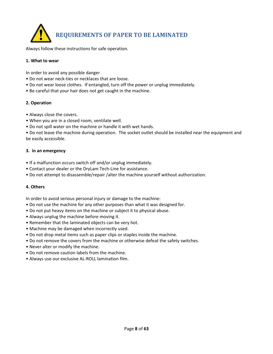 Requirements of paper to be laminated | Drylam Fujipla ALM3222 User Manual | Page 8 / 63