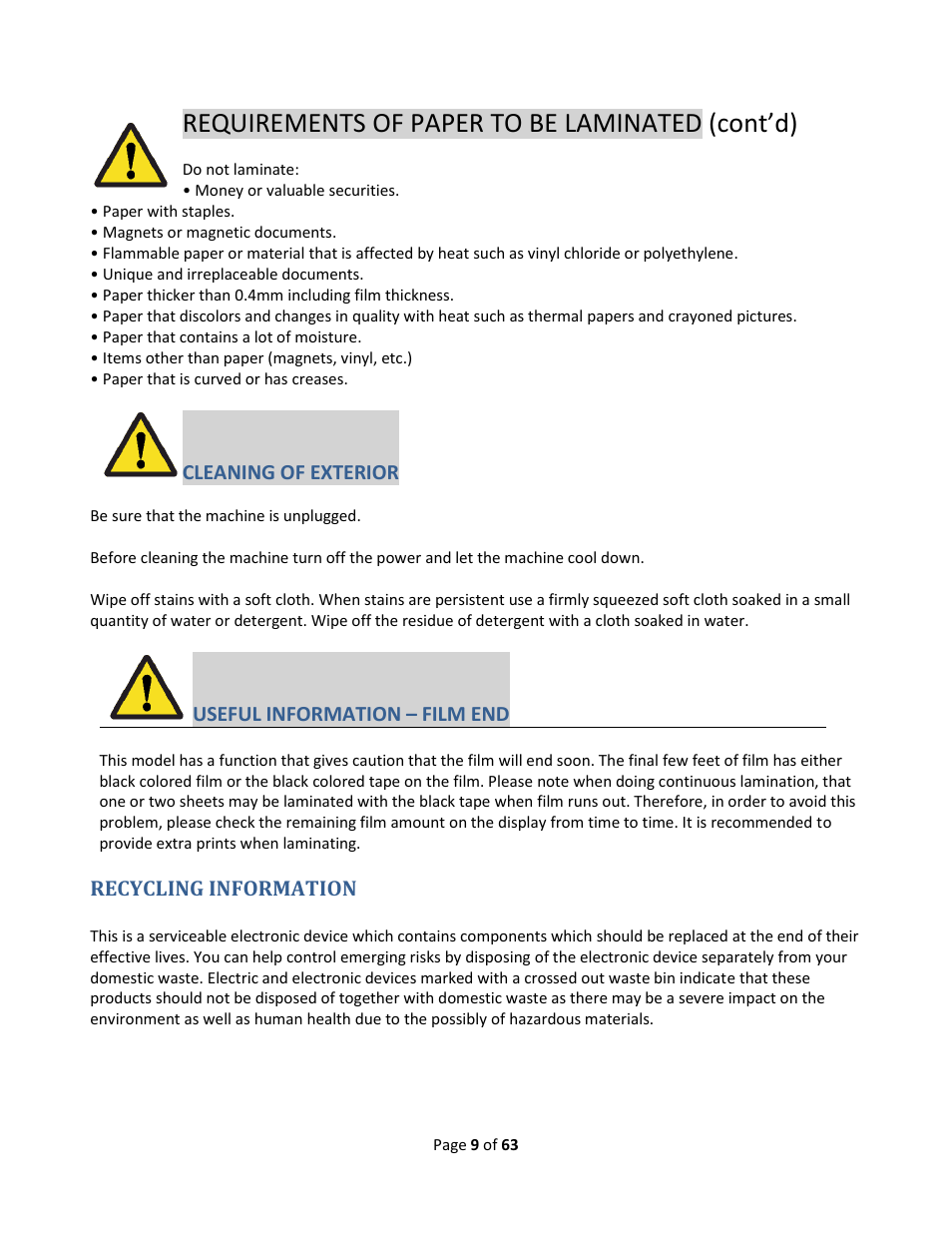 Recycling information, Requirements of paper to be laminated (cont’d) | Drylam Fujipla ALM3222 User Manual | Page 9 / 63