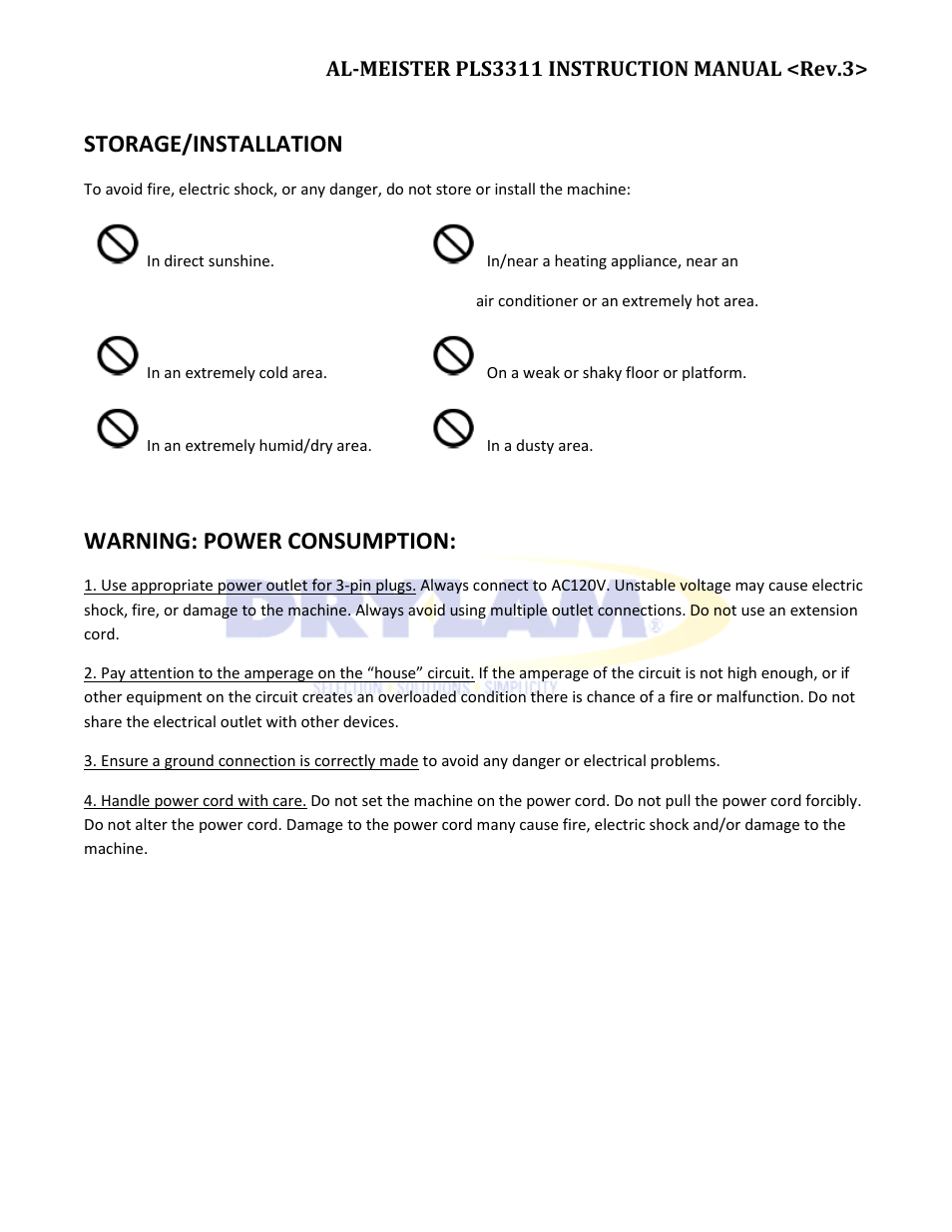 Storage/installation, Warning: power consumption | Drylam Fujipla PLS3311 User Manual | Page 4 / 59