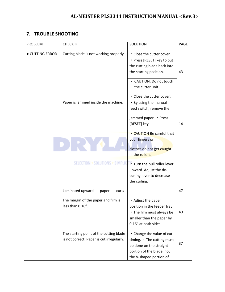 7 ． trouble shooting | Drylam Fujipla PLS3311 User Manual | Page 52 / 59