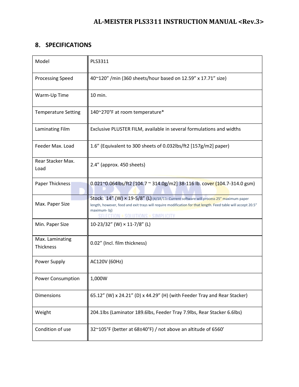 8 ． specifications | Drylam Fujipla PLS3311 User Manual | Page 58 / 59