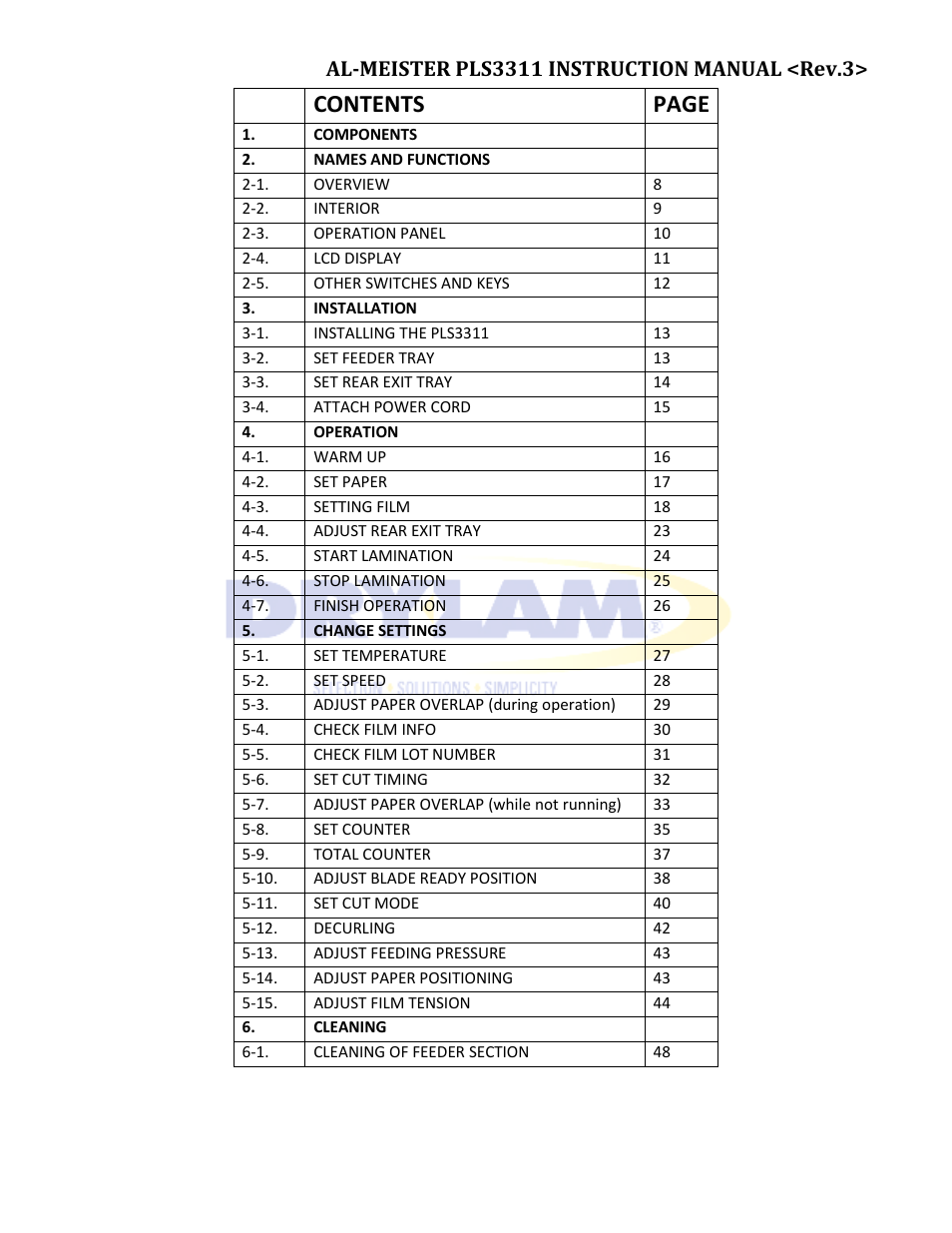 Contents page | Drylam Fujipla PLS3311 User Manual | Page 7 / 59