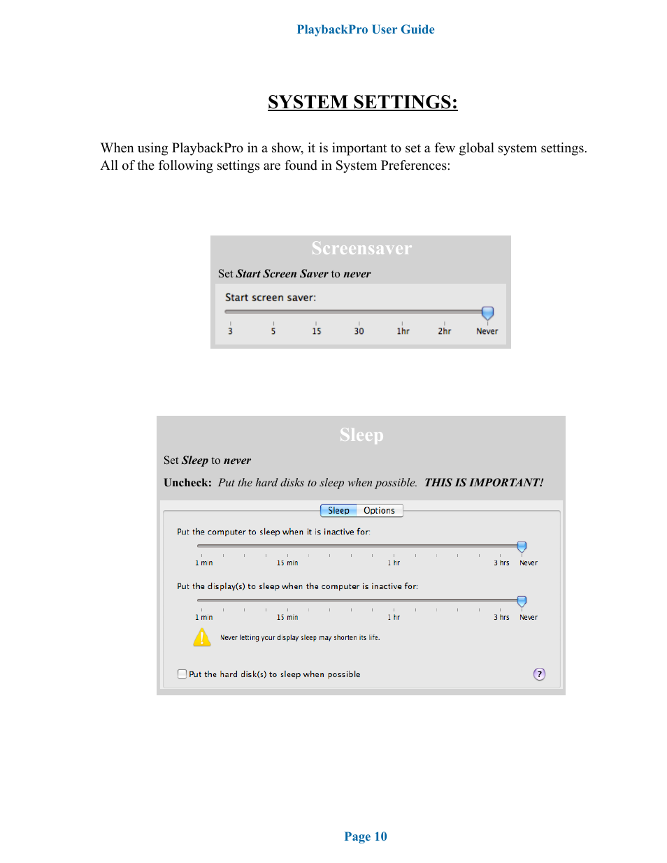 System settings, Screensaver sleep | DT Videolabs PlaybackPro User Manual | Page 11 / 12