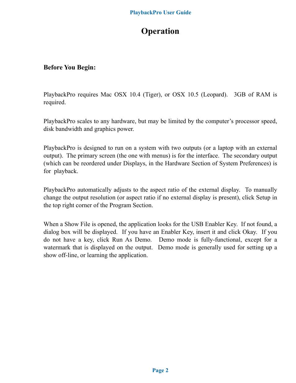 Operation | DT Videolabs PlaybackPro User Manual | Page 3 / 12