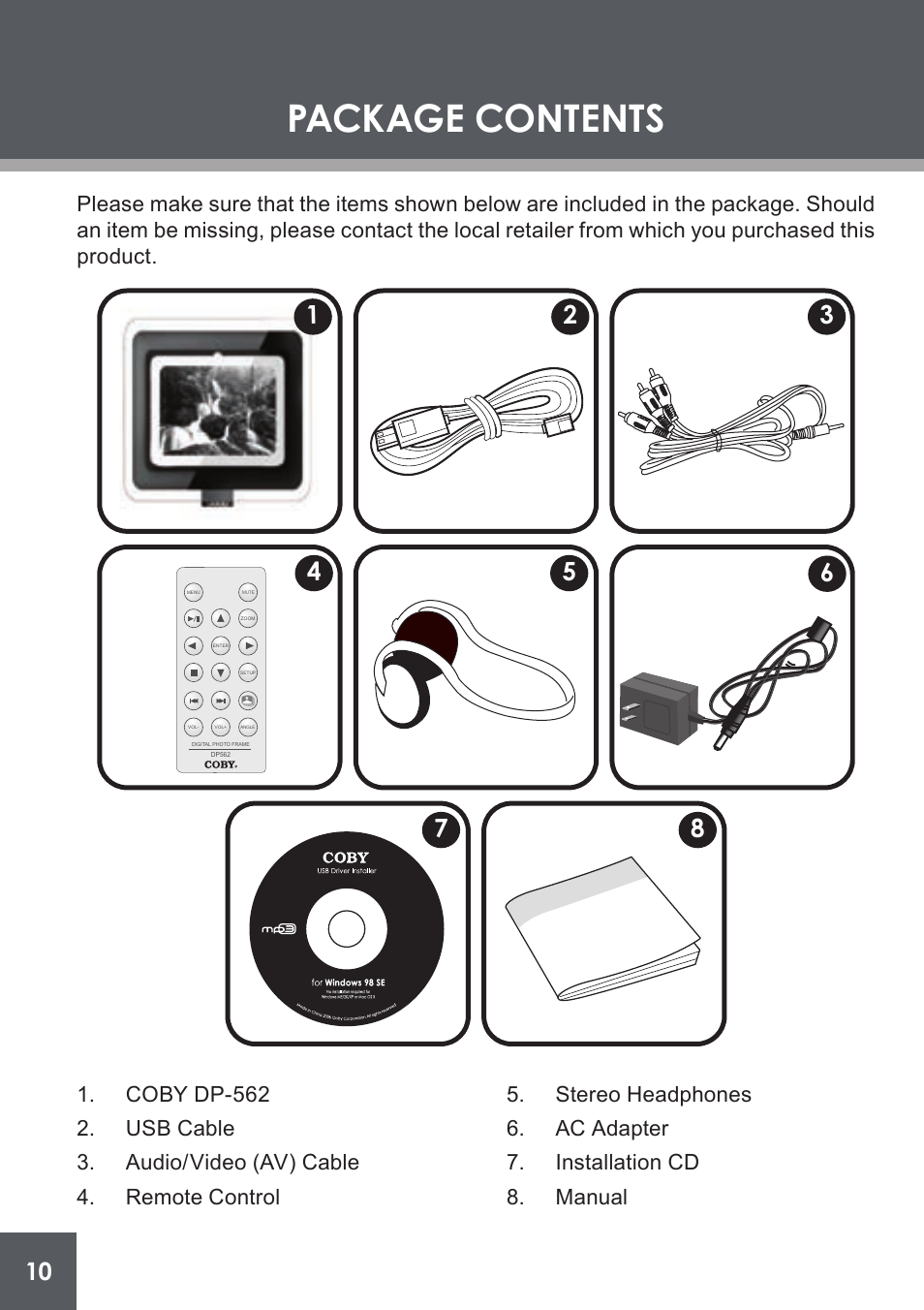 Package contents | COBY electronic DP-562 User Manual | Page 10 / 44