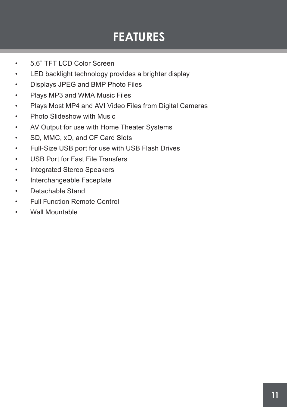 Features | COBY electronic DP-562 User Manual | Page 11 / 44