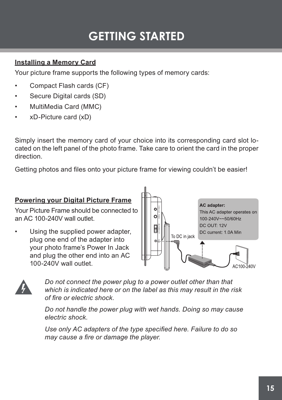 Installing a memory card, Powering your digital picture frame, Getting started | COBY electronic DP-562 User Manual | Page 15 / 44