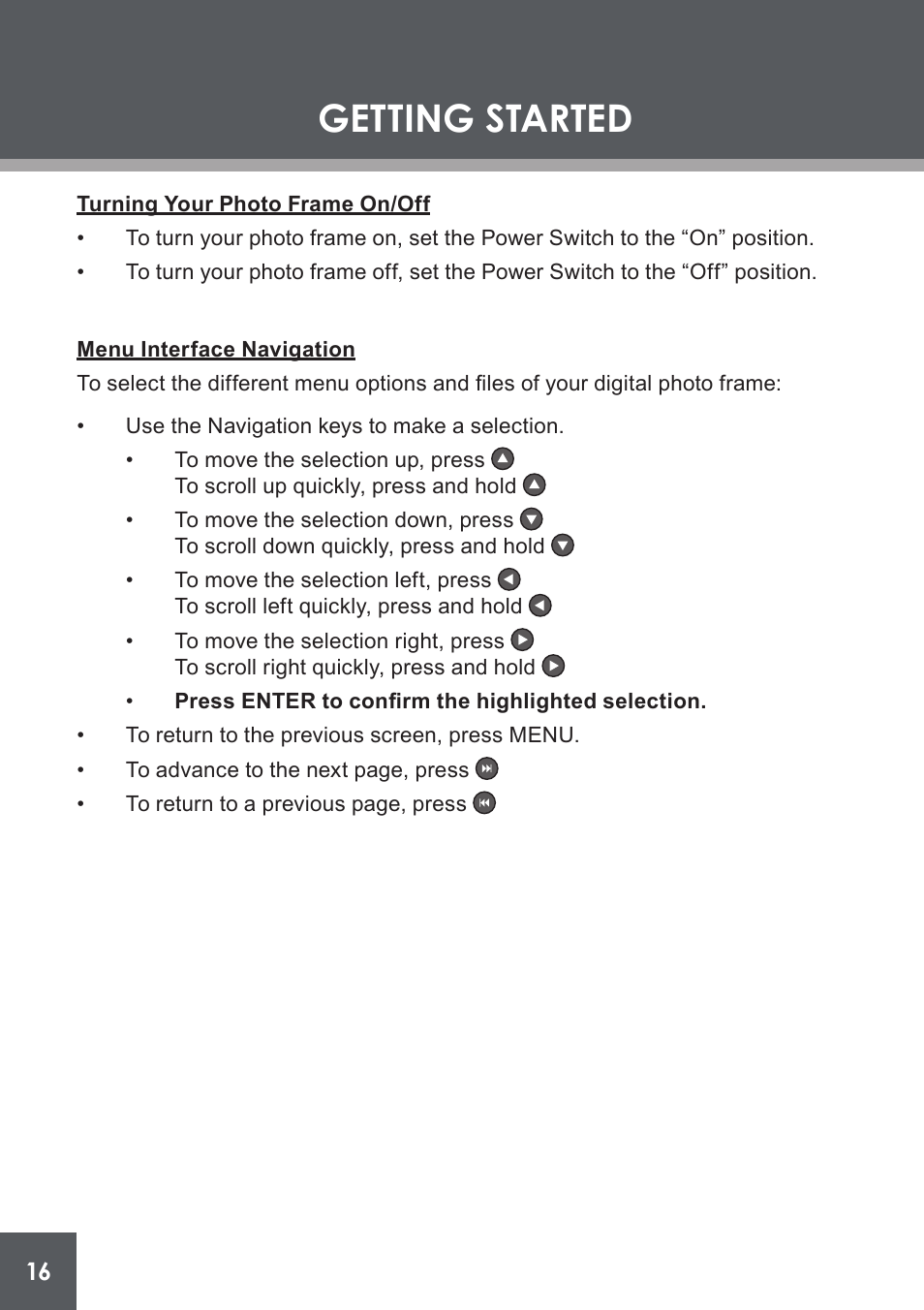 Turning your photo frame on/off, Menu interface navigation, Getting started | COBY electronic DP-562 User Manual | Page 16 / 44