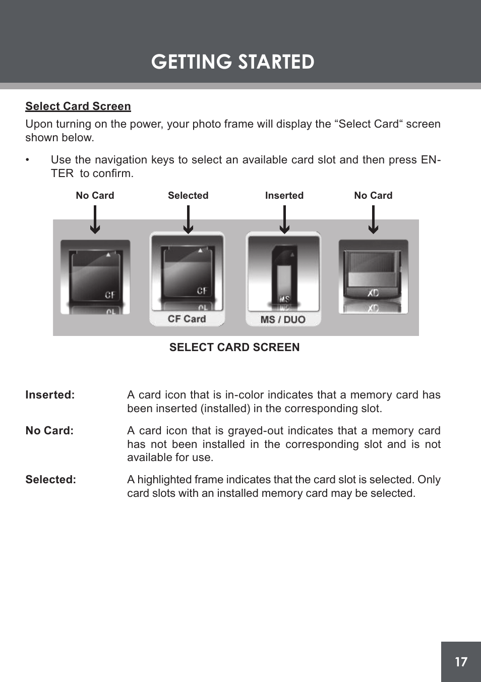 Select card screen, Getting started | COBY electronic DP-562 User Manual | Page 17 / 44